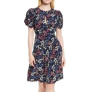 Lewit 100% Silk Floral Puff Sleeve Midi Dress Size 8